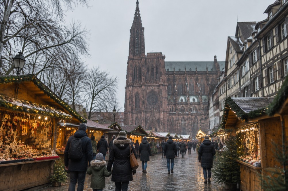 A family walking through a Christmas market between wooden chalets in Strasbourg