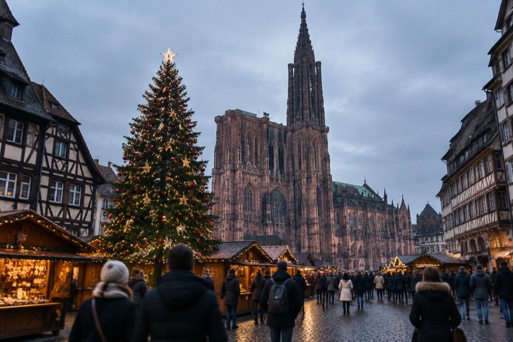 A decorated Christmas tree towering over a historic square with market chalets in Strasbourg