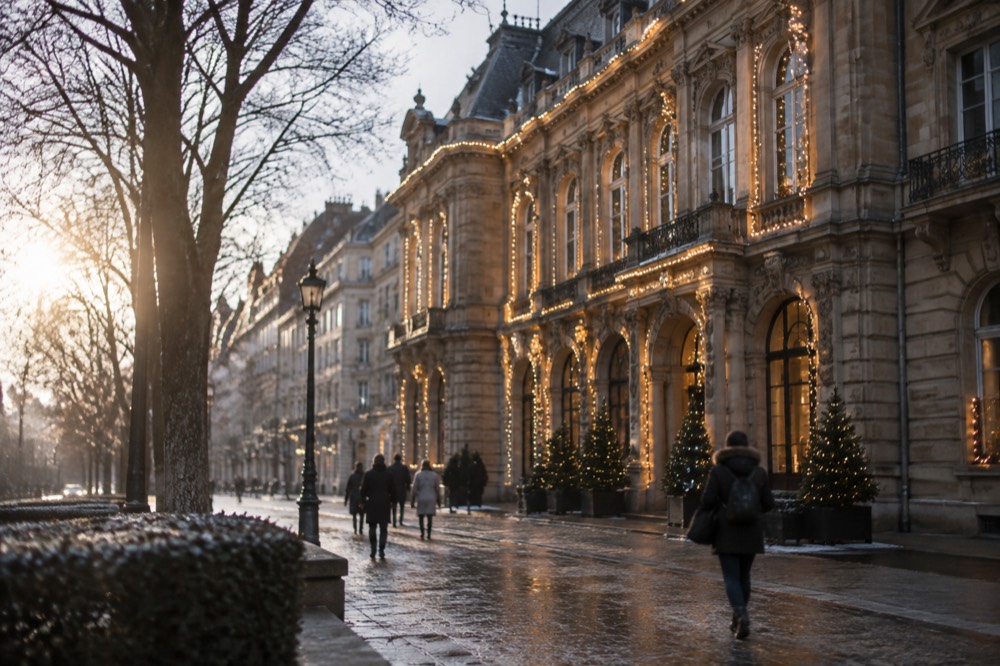 A grand nineteenth-century facade decorated with festive lights in the Neustadt district of Strasbourg