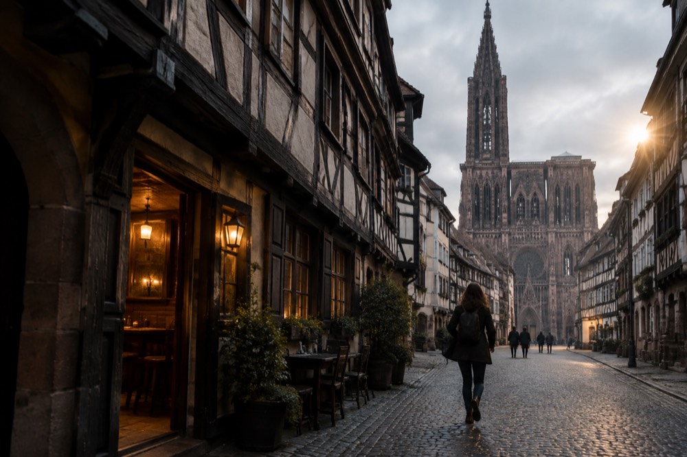 An evening street of half-timbered houses in Strasbourg with warm light spilling from a tavern doorway
