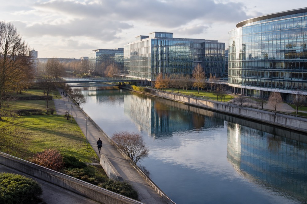Modern glass buildings of the European Quarter reflected in water