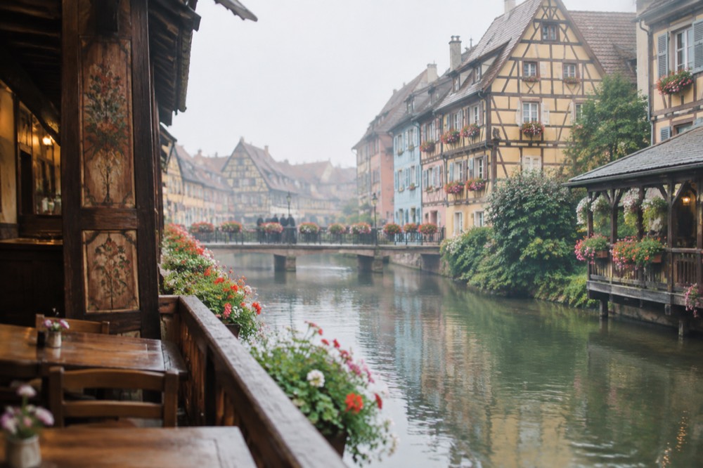 Traditional Alsatian tavern interior with wooden tables and painted panels