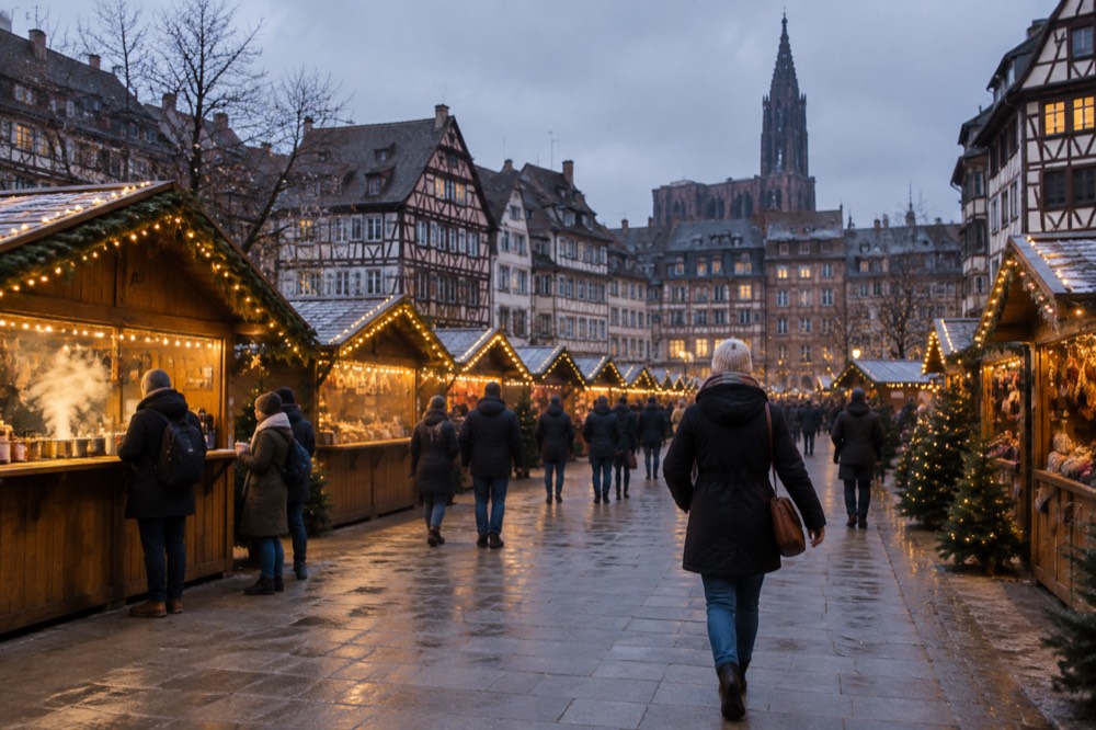 Festively lit half-timbered houses around a square in Strasbourg's old town at dusk