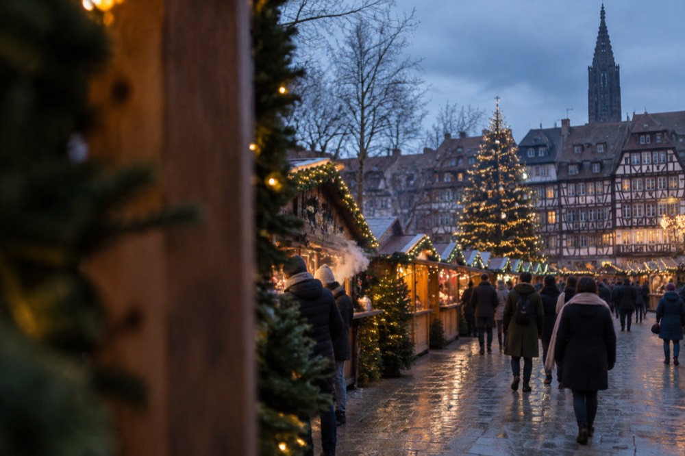 A Christmas market chalet street with garlands and a lit tree behind half-timbered facades