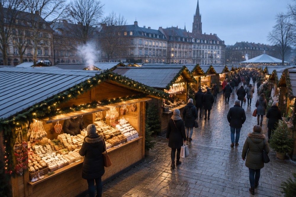 A stall of Alsatian Christmas biscuits and spiced bread under warm lights