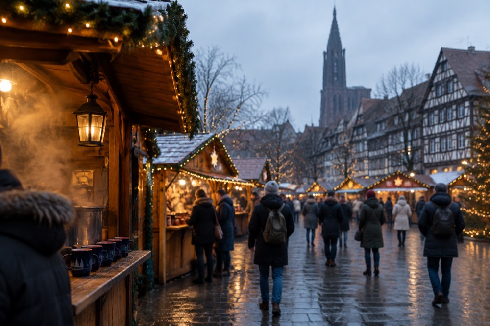 A decorated village street with half-timbered houses in the Alsace wine region