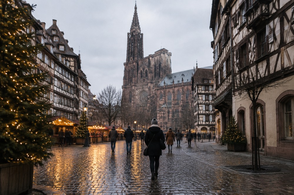 Wet cobbles reflecting Christmas lights in an old Strasbourg square in the evening