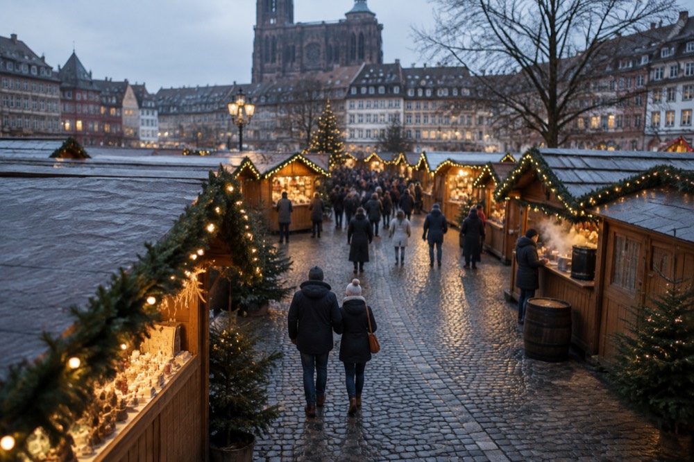 A couple walking a cobbled lane toward lit market chalets in Strasbourg's old town