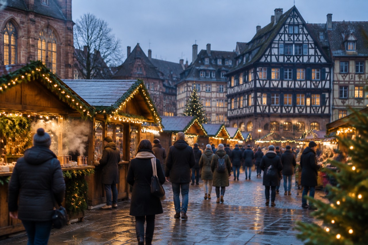 Festively lit half-timbered houses around a square in Strasbourg's old town at dusk