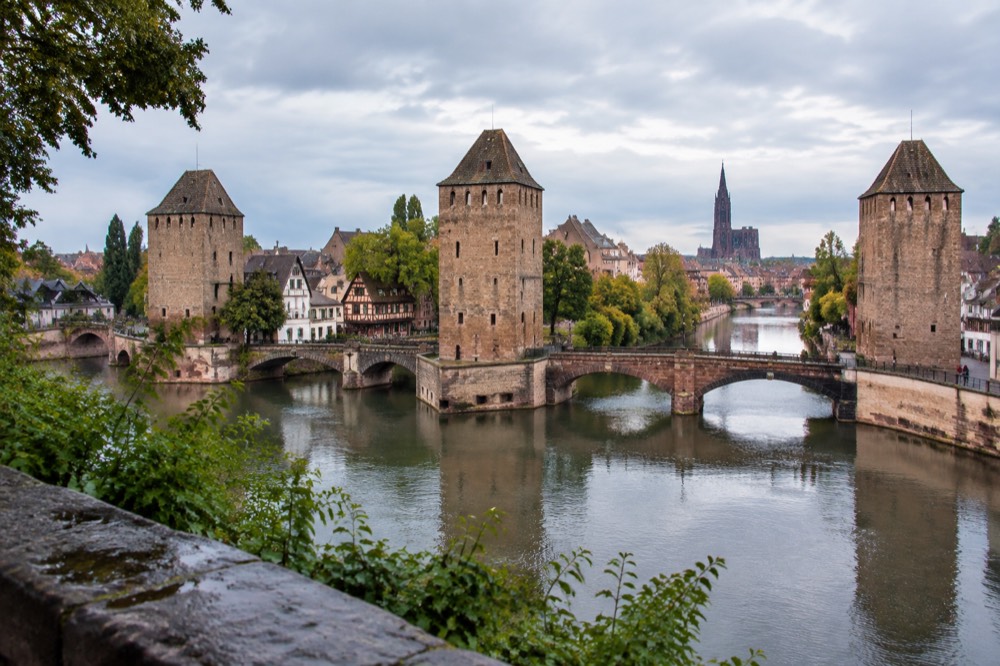 Panoramic view over Petite France and the covered bridges from the Barrage Vauban terrace