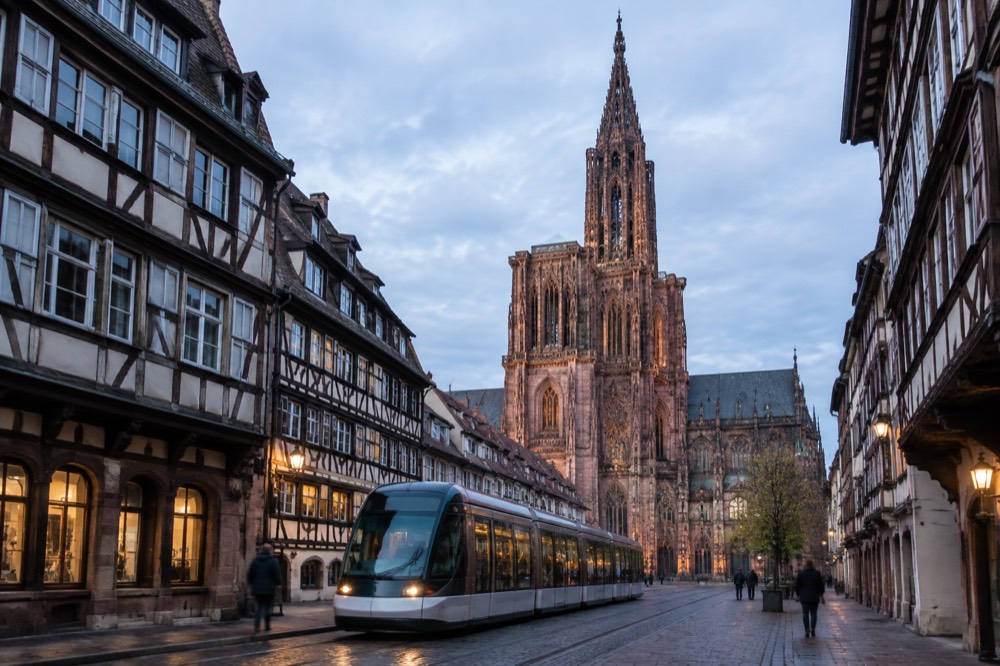 A tram passing old timbered buildings on a Strasbourg street at dusk