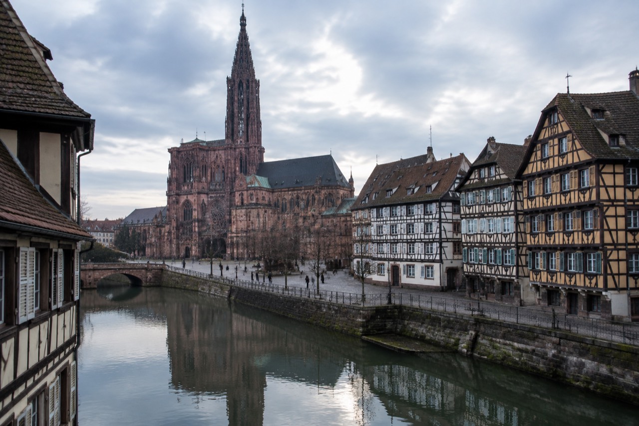 Half-timbered houses reflected in the River Ill in Strasbourg