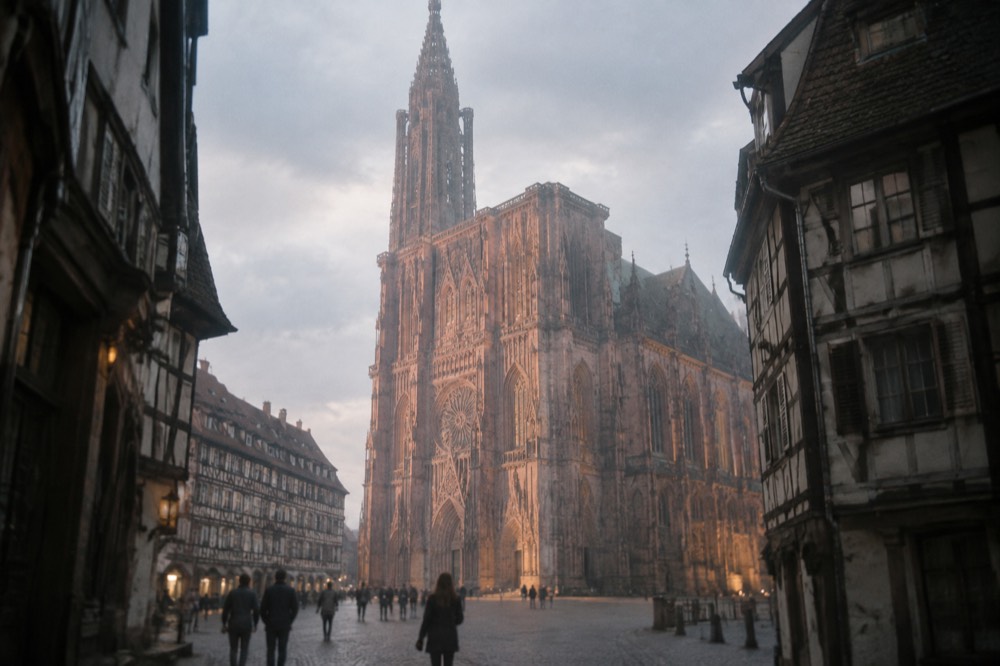 The illuminated facade of Strasbourg Cathedral seen from a square at dusk