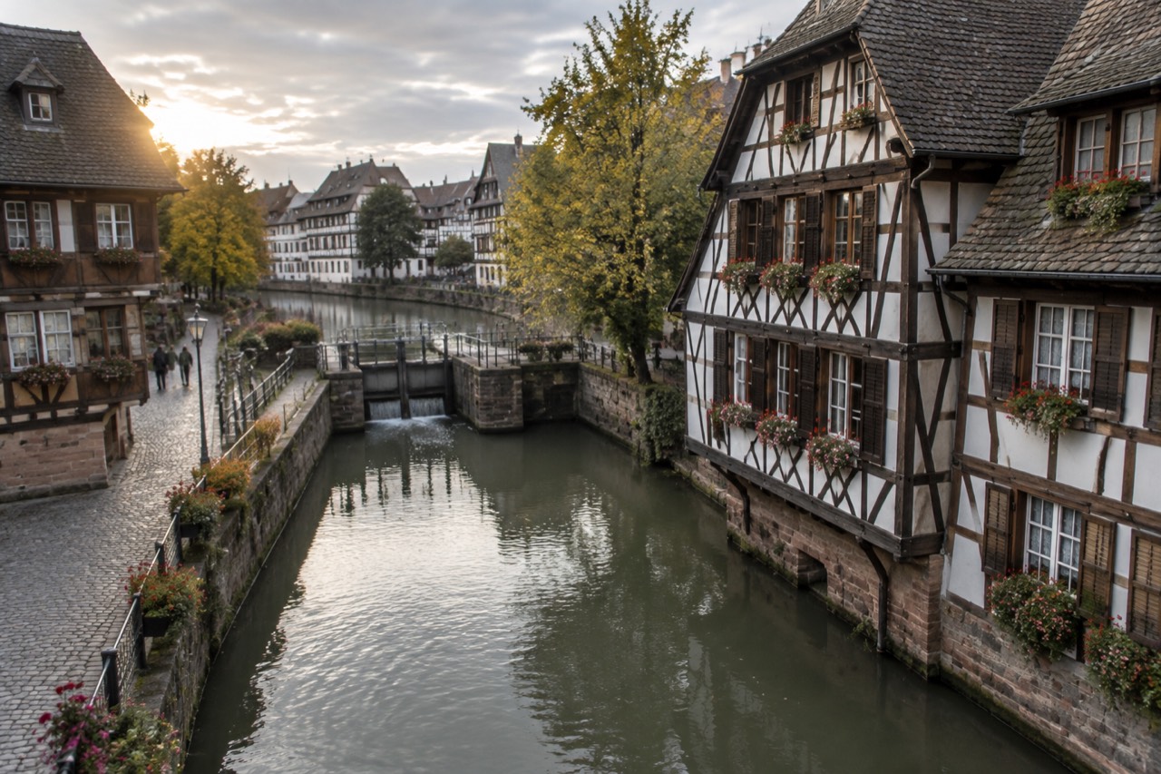 Half-timbered houses along a canal in Petite France in Strasbourg