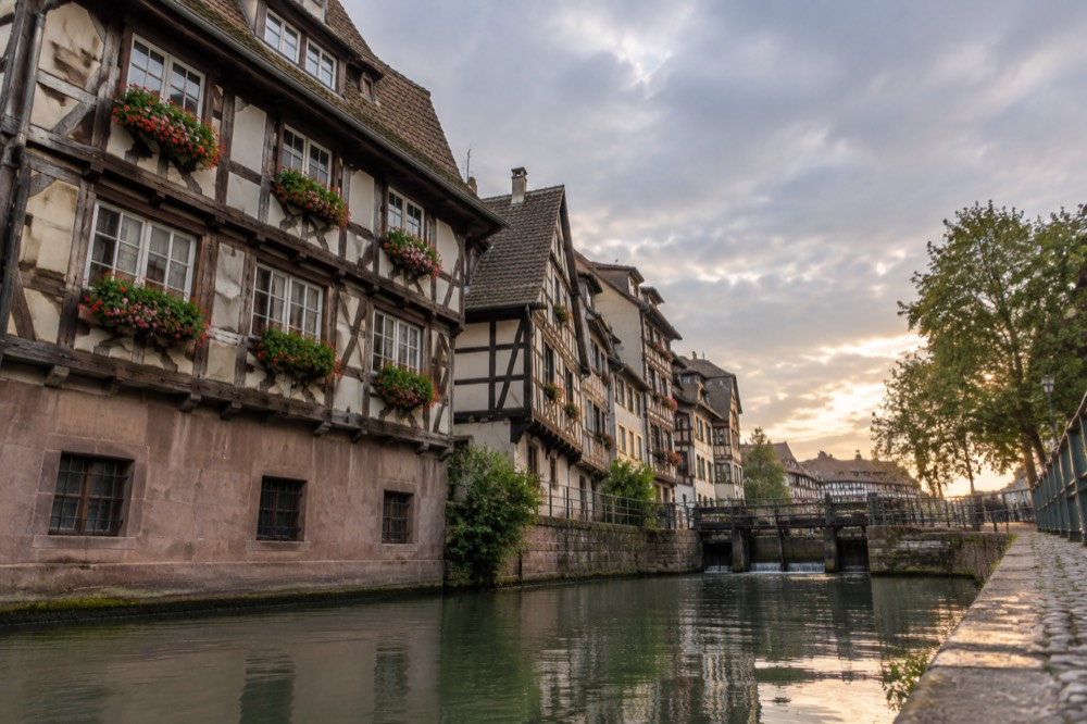 Half-timbered houses along a canal in Petite France in Strasbourg