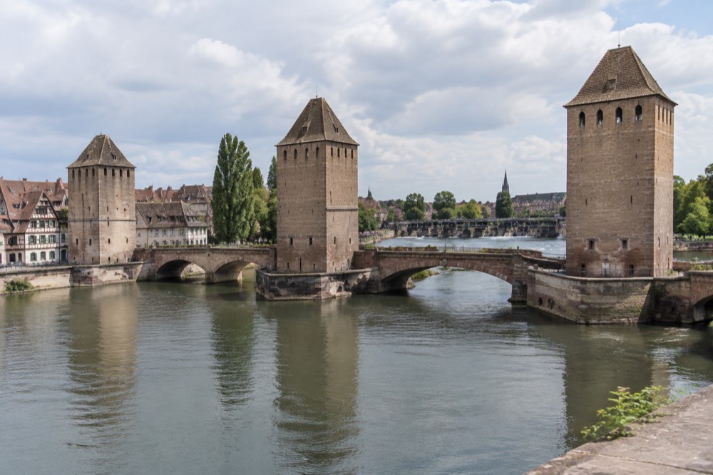 The Ponts Couverts towers and the Barrage Vauban seen from the river in Strasbourg
