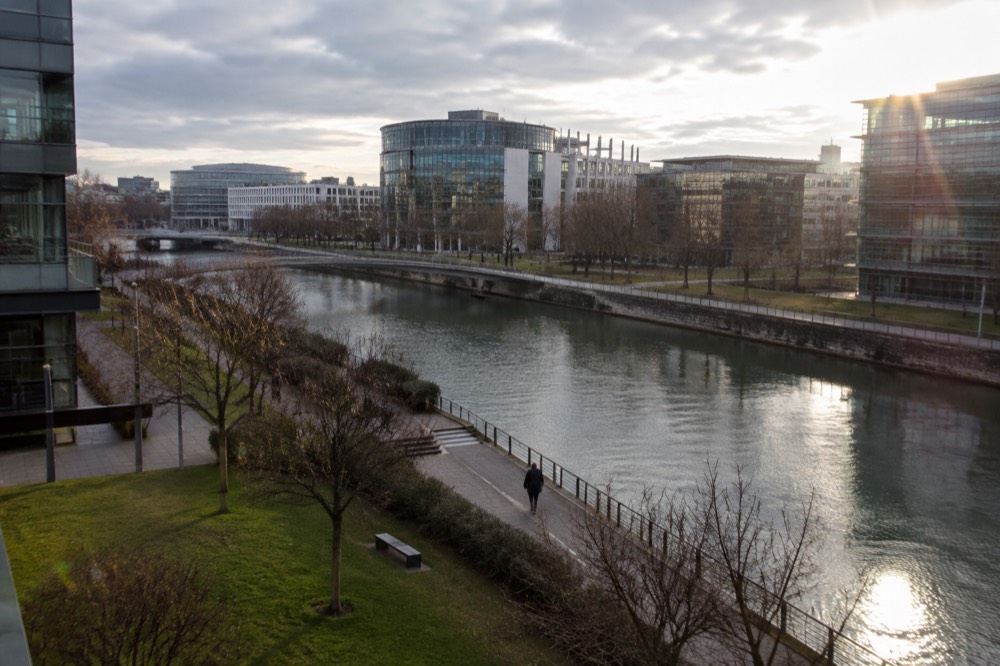 Modern buildings of the European Quarter in Strasbourg beside the River Ill