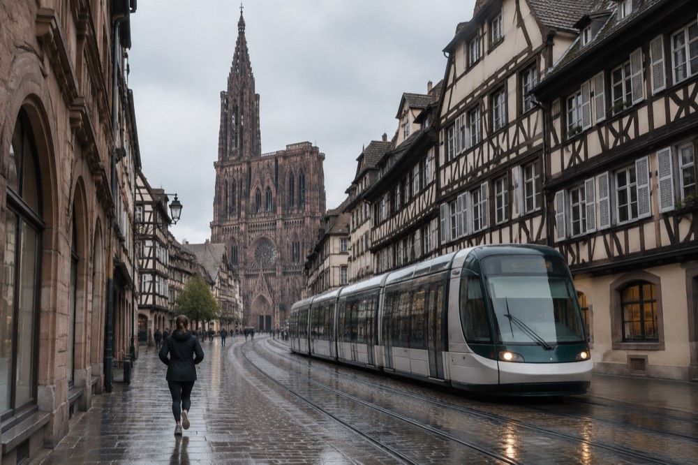 A modern tram passing half-timbered buildings on a street in central Strasbourg