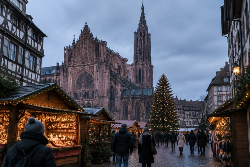 A Christmas market with wooden chalets and a large tree on a square in Strasbourg