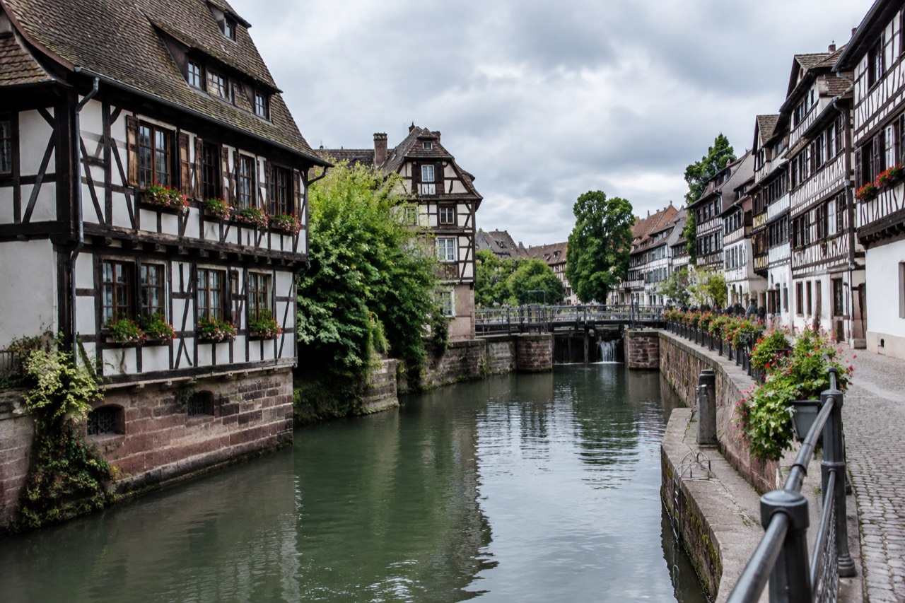 Half-timbered houses along a canal in Petite France in Strasbourg